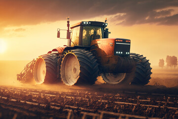 Fototapeta premium Harvesting Tractor in Action: a powerful harvesting tractor, working hard in the fields during the bountiful harvest season. Ai generated.