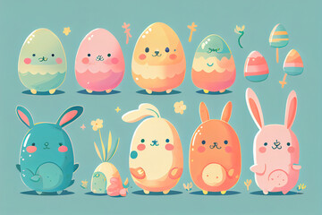 Obraz premium Colorful Easter Bunnies and Eggs Illustration