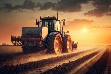 Obraz premium Harvesting Tractor in Action: a powerful harvesting tractor, working hard in the fields during the bountiful harvest season. Ai generated.