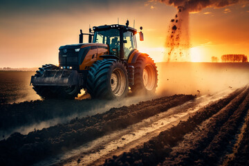 Fototapeta premium Harvesting Tractor in Action: a powerful harvesting tractor, working hard in the fields during the bountiful harvest season. Ai generated.