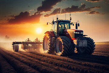 Fototapeta premium Harvesting Tractor in Action: a powerful harvesting tractor, working hard in the fields during the bountiful harvest season. Ai generated.