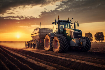 Fototapeta premium Harvesting Tractor in Action: a powerful harvesting tractor, working hard in the fields during the bountiful harvest season. Ai generated.