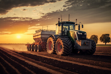 Fototapeta premium Harvesting Tractor in Action: a powerful harvesting tractor, working hard in the fields during the bountiful harvest season. Ai generated.