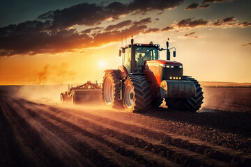 Fototapeta premium Harvesting Tractor in Action: a powerful harvesting tractor, working hard in the fields during the bountiful harvest season. Ai generated.