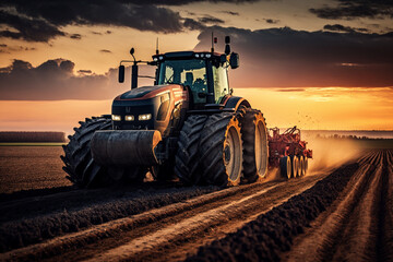 Fototapeta premium Harvesting Tractor in Action: a powerful harvesting tractor, working hard in the fields during the bountiful harvest season. Ai generated.