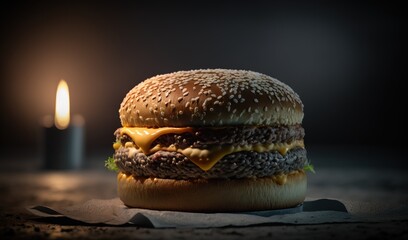  a cheeseburger with a lit candle in the background.  generative ai