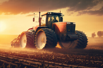 Fototapeta premium Harvesting Tractor in Action: a powerful harvesting tractor, working hard in the fields during the bountiful harvest season. Ai generated.