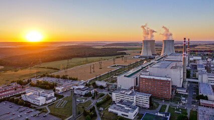 Sunrise over the Dukovany nuclear power plant with cooling towers in the Czech Republic