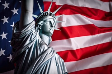 Statue of Liberty on the background of the American flag. Ai generative