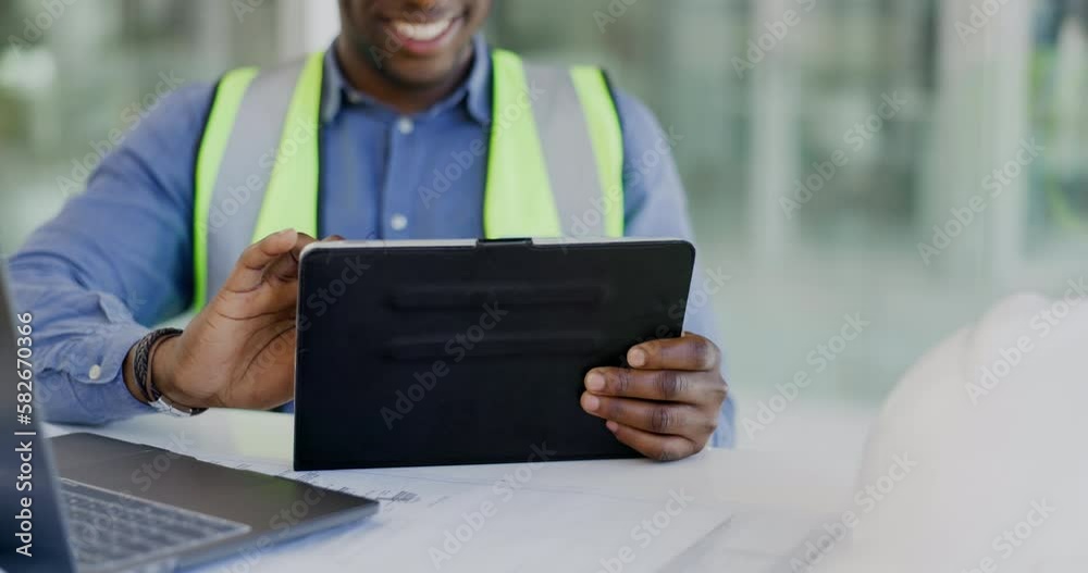 Poster architect tablet, hands or man planning infrastructure design, floor plan or property blueprint. arc