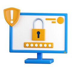 3d icon. Computer monitor icon with a lock on the display. protection of personal information. Hide secret files. Device lock, password entry. 3D rendering, cartoon style illustration.