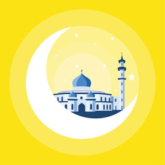 Mosque flat style isolated on yellow background. Traditional arabesque ornament, crescent and stars. Vector illustration. Kareem Ramadan.