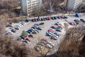 Parking lot in front of residential buildings in Czerniakow neighbourhood of Warsaw capital city,...