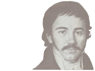 Close up portrait of Vuk Stefanović Karadžić,a philologist and linguist isolated from Serbian 10 dinar banknote. Serbian famous people.Copy space.