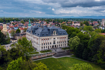 Drone photo of castle in Pszczyna city, Poland