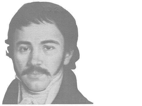 Close up portrait of Vuk Stefanović Karadžić,a philologist and linguist isolated from Serbian 10 dinar banknote. Serbian famous people.Copy space.
