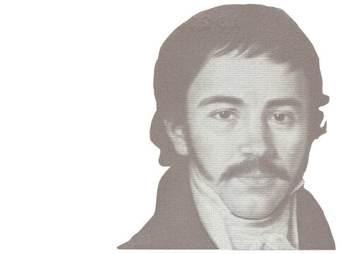Close up portrait of Vuk Stefanović Karadžić,a philologist and linguist isolated from Serbian 10 dinar banknote. Serbian famous people.Copy space.