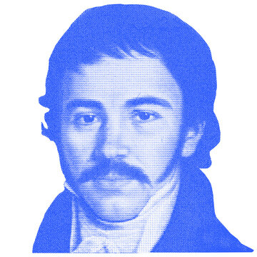 Close up portrait of Vuk Stefanović Karadžić,a philologist and linguist isolated from Serbian 10 dinar banknote. Serbian famous people.Copy space.