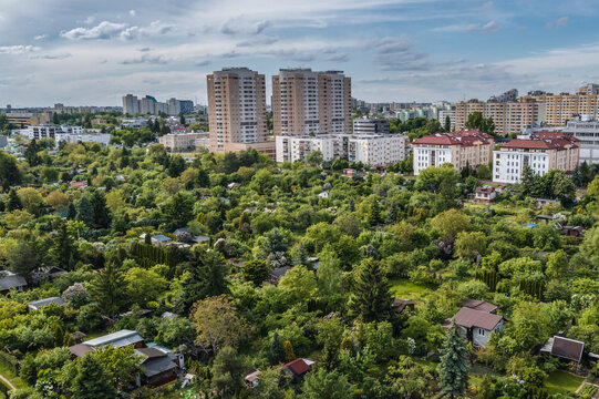 Allotment gardens and houses of flats in Goclaw district of Warsaw city, Poland