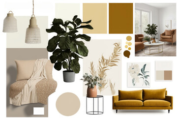 Moodboard warm 90's style living room design interior example.