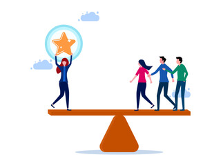 Businesswoman with stars on the scales with many people. person who is superior to others vector