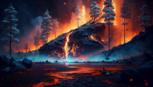 Forest on fire by magma from volcano eruption. Smoke rises in night sky. Generative AI