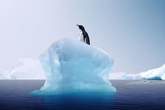 Single isolated penguin standing on an ice floe in Antarctica. Generative AI