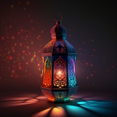 illustration, ramadan lantern with colorful light shining at night, ai generative.