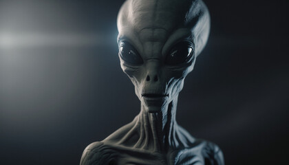 Alien humanoid portait on dark background. Invasion of extraterrestrial. Alien abduction