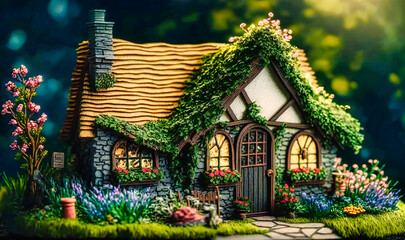 A cottage with overgrown plants, hidden passageways, and magical objects