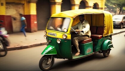 Auto rickshaw drives asian customer on indian street motion blur, tuk tuk autorickshaw taxi yellow green transport in India, fast and cheap tricycle taxi drive among city, generative AI