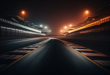 Fototapeta na wymiar Night Empty Racing track with grandstands and lights. Generative AI.