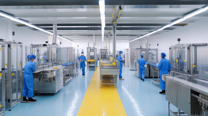 Modern factory, production line, brightly lit, with workers in overalls, ai generative