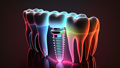 Dental implant in tooth row jaw colorful neon glowing, dental prosthesis medicine, implant installation operation with attached abutment and crown dental implantology of artificial teeth generative AI - obrazy, fototapety, plakaty
