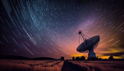 Radio telescope antenna radio receiver on beautiful night sky with star trails copy space, astronomical radio telescope in field detecting radio waves in deep space, radio astronomy, generative AI