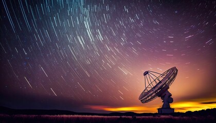 Radio telescope antenna radio receiver on beautiful night sky with star trails copy space, astronomical radio telescope in field detecting radio waves in deep space, radio astronomy, generative AI