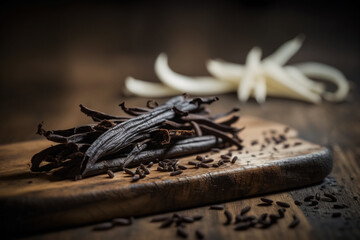 Vanilla Dreamscape: An intricate illustration of luscious vanilla beans on a wooden board. Ai generated.