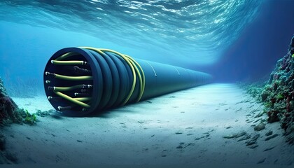 Damaged submarine communications cable on sea bed, full telecom and broadband outage due damage of undersea optical fibre cable, destroyed international underwater Internet cable, generative AI - obrazy, fototapety, plakaty