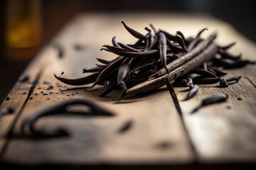 Vanilla Dreamscape: An intricate illustration of luscious vanilla beans on a wooden board. Ai generated.