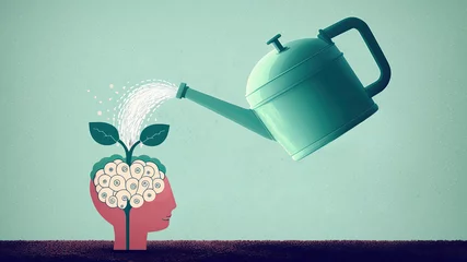 Muurstickers Water pouring human brain with watering can development of intelligence, study of new knowledge concept, growth of creativity, mental development and inner potential, generative AI © TRAVELARIUM