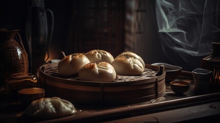 Fototapeta na wymiar Delicious Baozi, chinese steamed meat bun. Ready to eat on serving plate and bamboo steamer. Close up of this tasty dumpling. Generative AI.