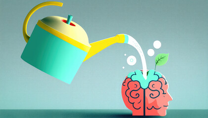 Water pouring human brain with watering can development of intelligence, study of new knowledge concept, growth of creativity, mental development and inner potential, generative AI