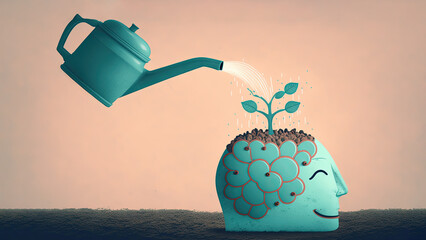 Water pouring human brain with watering can development of intelligence, study of new knowledge concept, growth of creativity, mental development and inner potential, generative AI