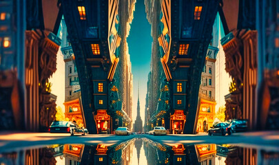 A city where the streets and buildings are all inverted and gravity is reversed