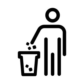 Vector icon with people throws garbage in bin. Line keep clean sign. Editable stroke. Please drop litter in trash can.
