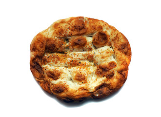Turkish bread for Ramadan month on a white background. Ramadan Pide (Ramazan pidesi, Ramadan pita) 