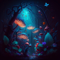 Fototapeta na wymiar Fairytale forest at night, fantasy flowers in magic extraterrestrial world Ai, generative