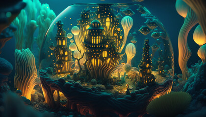 Aquarium, a fantastical underwater city filled with intricate coral structures, Generative AI