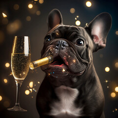French Bulldog with champagne glass celebrating New Year's Ai, generative