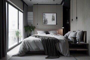 Crisp and contemporary, this minimalist grey bedroom with sleek and simple decor offers a chic interior design option for those seeking a calming and modern space - Generative AI